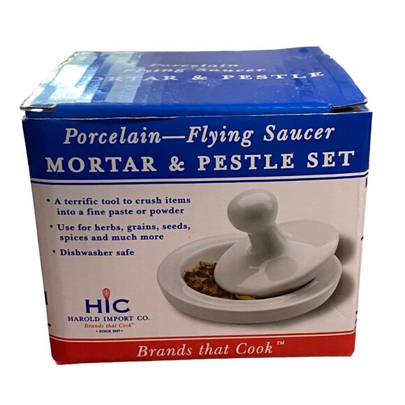 Porcelain Flying Saucer Mortar and Pestle Set White HIC - Picture 2 of 9